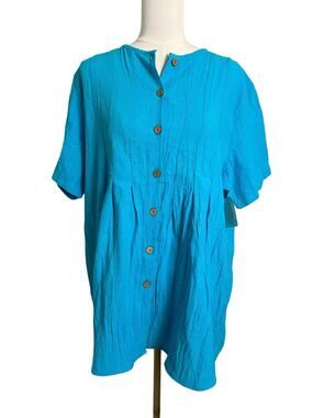 Tumbleweeds Tunic Shirt Womens 16 Blue Button Up Short Sleeve Cotton Top NWT